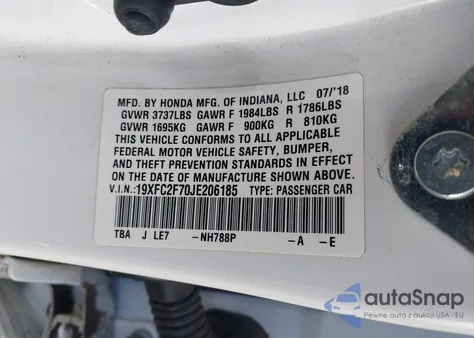 2018 Honda Civic Ex z USA, uszkodzony, nr VIN 19XFC2F70JE206185